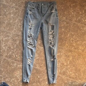 American Eagle Outfitters Blue Skinny Jeans with Distressed Details